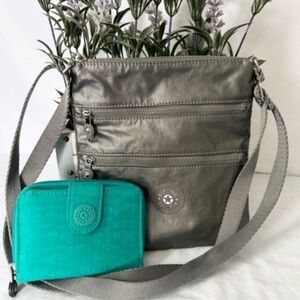 Kipling Metallic Gray Crossbody Bag Teal Wallet Set